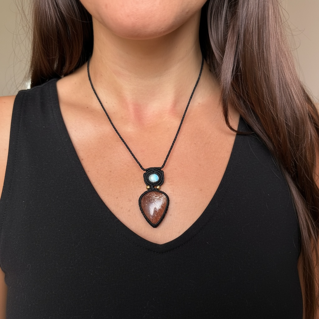 Collana macramè labradorite bianca e pietra del sole