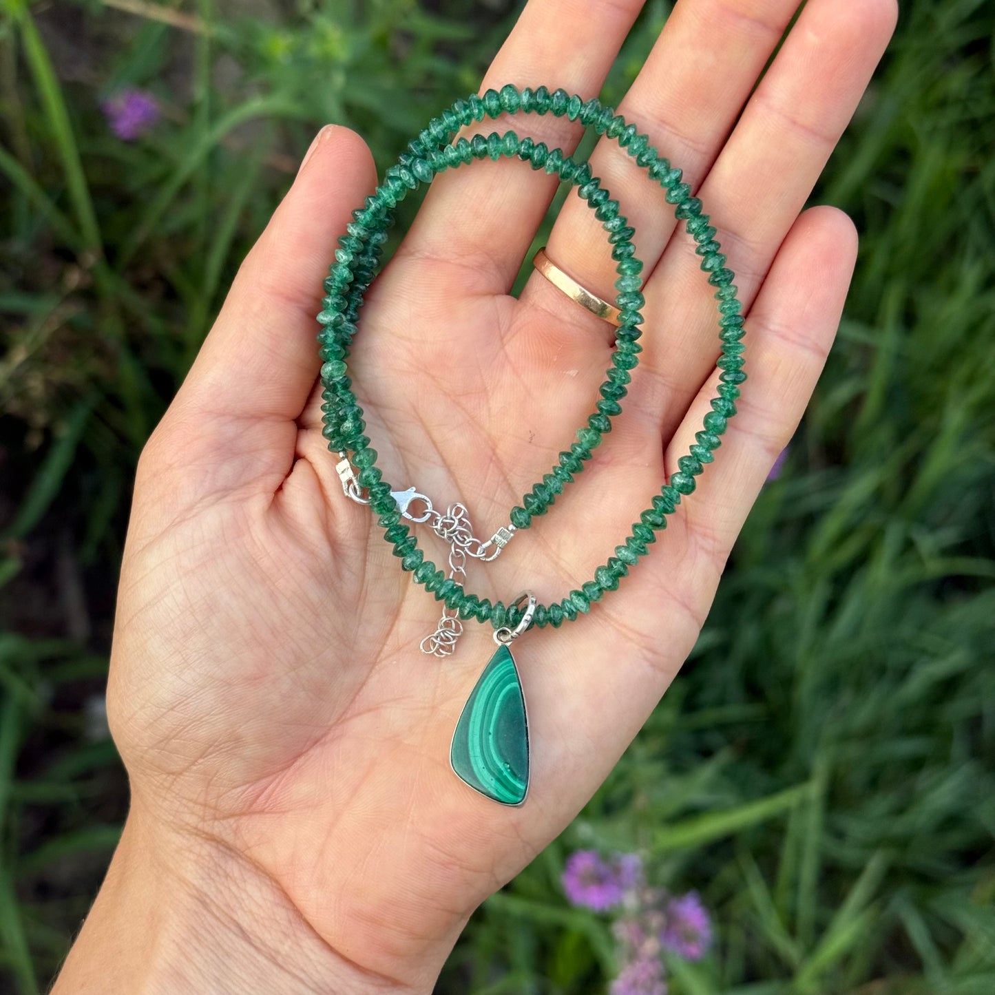 Collana avventurina con ciondolo malachite in argento 925